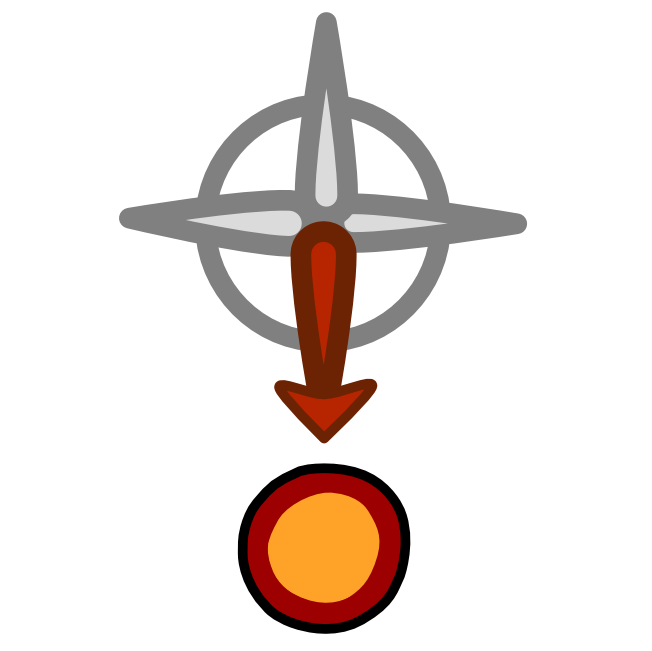 a grey compass rose with the south direction red with an arrow at the end. Below that direction is an orange circle